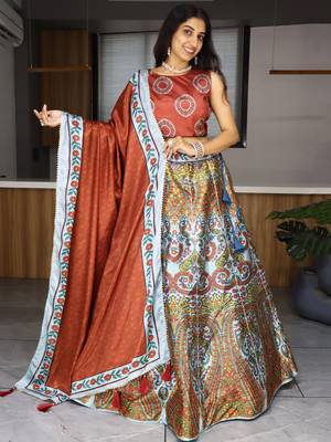 multi color printed art silk lehenga set choli with dupatta 3