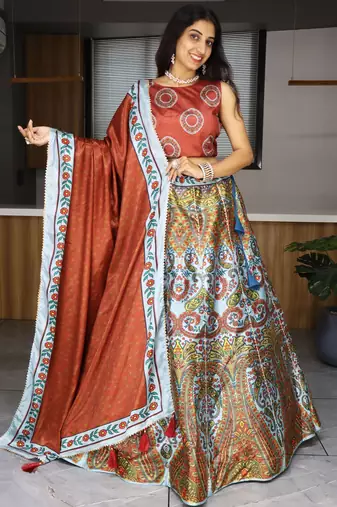 multi color printed art silk lehenga set choli with dupatta