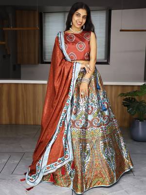 multi color printed art silk lehenga set choli with dupatta 4