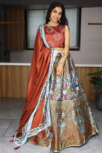 multi color printed art silk lehenga set choli with dupatta