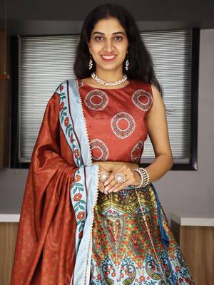 multi color printed art silk lehenga set choli with dupatta 5