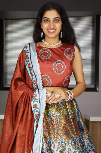 multi color printed art silk lehenga set choli with dupatta