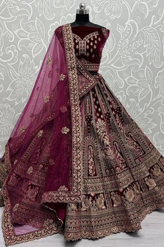 Pink Dori Work Velvet Bridal Lehenga Choli With Double Dupatta