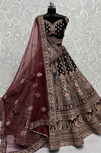 Dark Maroon Velvet Bridal Lehenga Choli With Double Dupatta