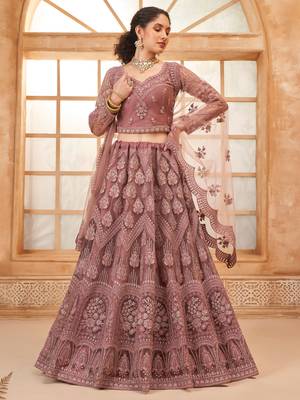 mauve embroidered net lehenga set choli with dupatta 1