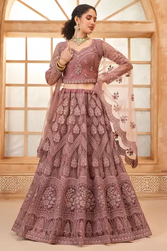 mauve embroidered net lehenga set choli with dupatta