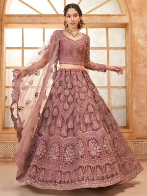 mauve embroidered net lehenga set choli with dupatta 3