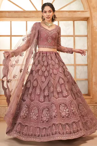 mauve embroidered net lehenga set choli with dupatta