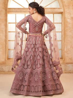 mauve embroidered net lehenga set choli with dupatta 4