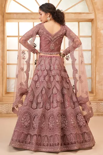 mauve embroidered net lehenga set choli with dupatta