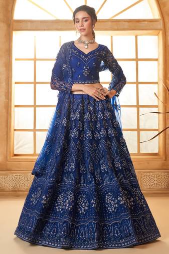 Blue Embroidered Net Wedding Lehenga Choli With Dupatta