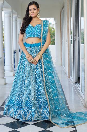 Sky Blue Embroidered Net Designer Lehenga Choli