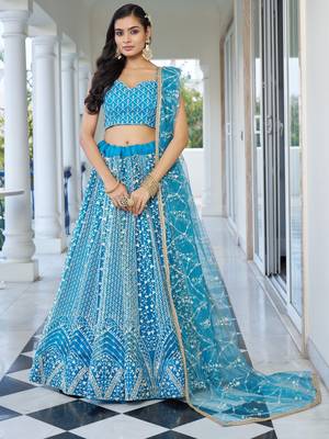 sky blue embroidered net lehenga set choli with dupatta 3