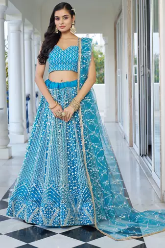 sky blue embroidered net lehenga set choli with dupatta