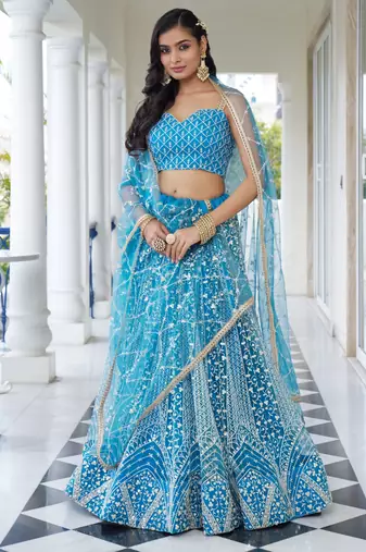 sky blue embroidered net lehenga set choli with dupatta