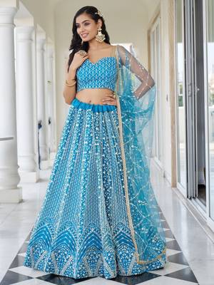 sky blue embroidered net lehenga set choli with dupatta 5