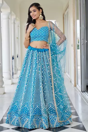sky blue embroidered net lehenga set choli with dupatta