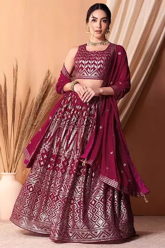 dark pink sequins georgette festival lehenga set choli with dupatta