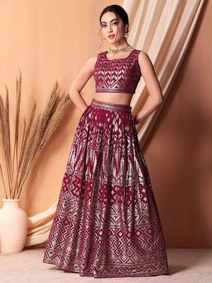 dark pink sequins georgette festival lehenga set choli with dupatta 3