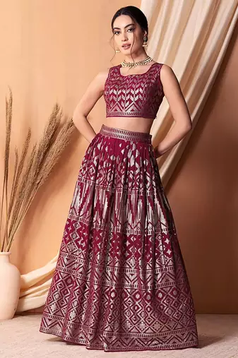 dark pink sequins georgette festival lehenga set choli with dupatta