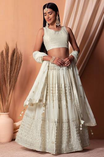 White Sequins Georgette Lehenga Choli With Dupatta