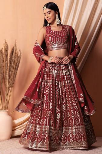 Maroon Sequins Georgette Wedding Wear Lehenga Choli