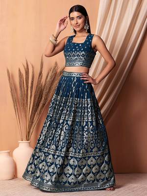 blue sequins georgette lehenga set choli with dupatta 3