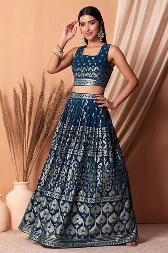blue sequins georgette lehenga set choli with dupatta