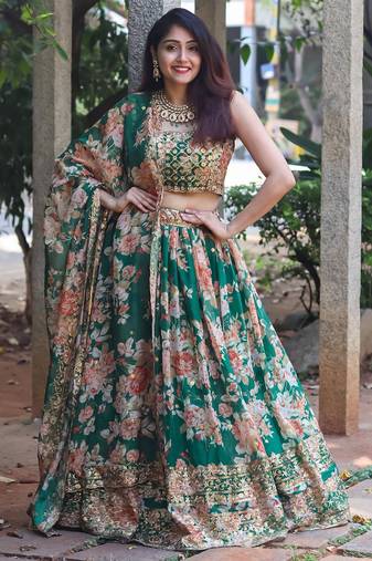 Green Floral Printed Organza Wedding Wear Lehenga Choli