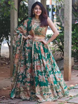 green floral printed organza lehenga set choli with dupatta 3