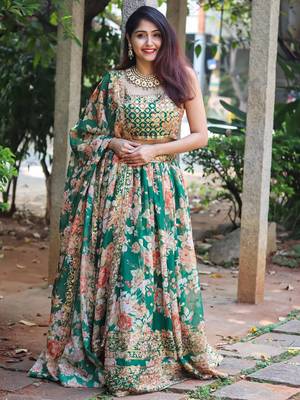 green floral printed organza lehenga set choli with dupatta 5