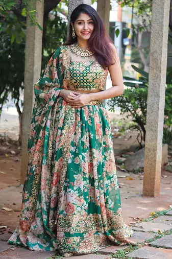 green floral printed organza lehenga set choli with dupatta