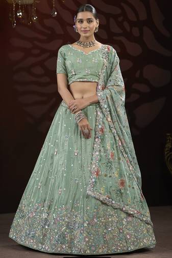 Green Embroidered Net Engagement Wear Lehenga Choli