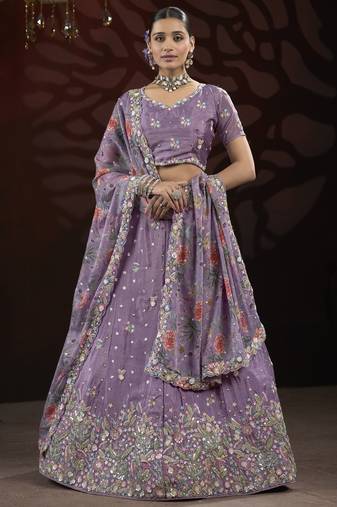 Lilac Embroidered Net Designer Lehenga Choli With Dupatta