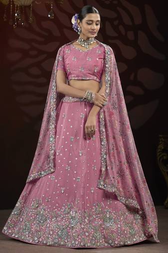 Pink Sequins Net Bridesmaid Lehenga Choli With Dupatta