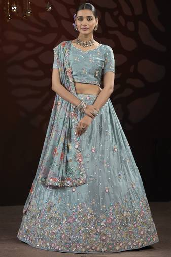 Blue Thread Embroidered Net Engagement Wear Lehenga Choli