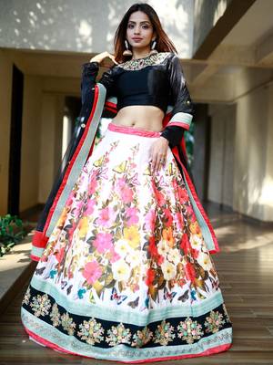 multi color floral printed silk celebrity lehenga set choli with dupatta 3