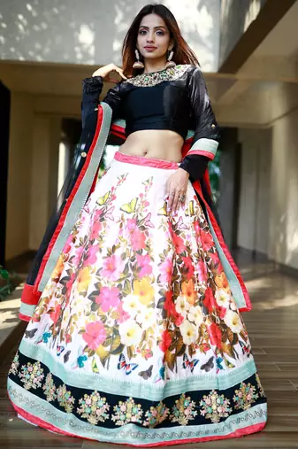multi color floral printed silk celebrity lehenga set choli with dupatta