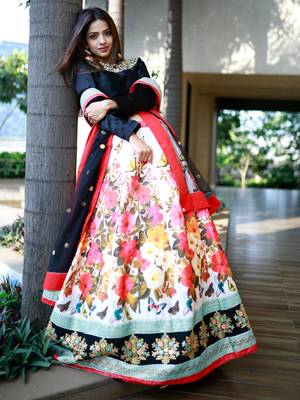 multi color floral printed silk celebrity lehenga set choli with dupatta 4