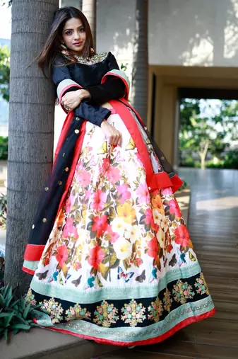 multi color floral printed silk celebrity lehenga set choli with dupatta