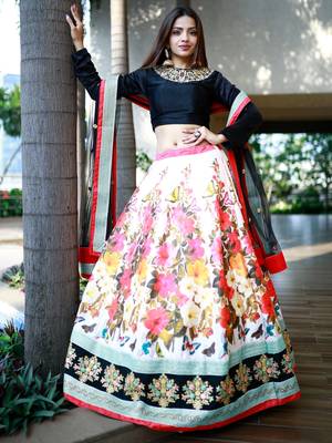 multi color floral printed silk celebrity lehenga set choli with dupatta 5