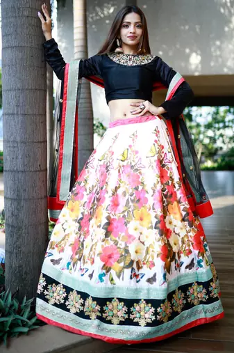 multi color floral printed silk celebrity lehenga set choli with dupatta