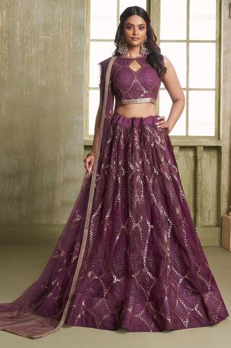 Wine Sequins Net Designer Lehenga Choli With Dupatta