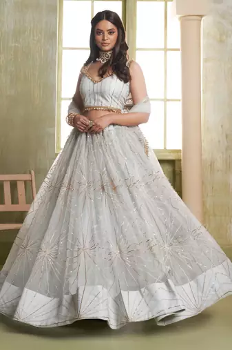 light grey sequins net lehenga set choli with dupatta