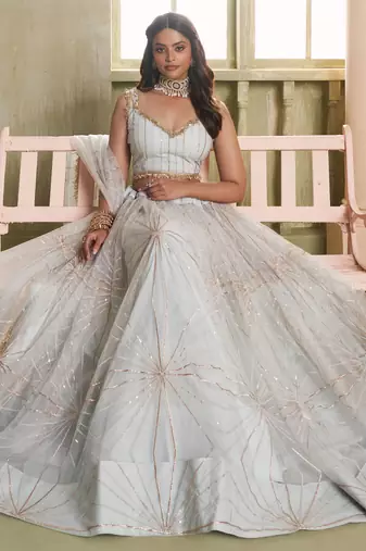 light grey sequins net lehenga set choli with dupatta