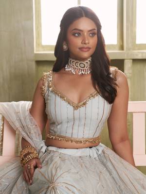 light grey sequins net lehenga set choli with dupatta 4
