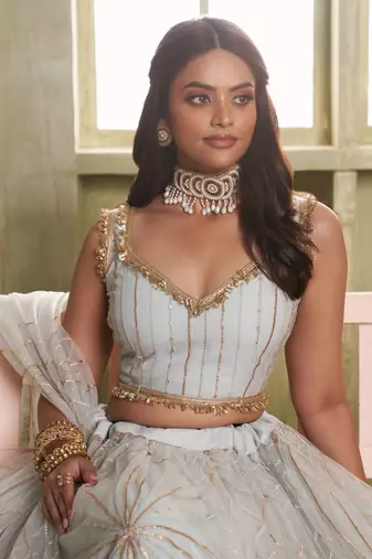 light grey sequins net lehenga set choli with dupatta