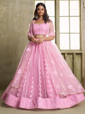 pink thread embroidered net lehenga set choli with dupatta with dupatta 2