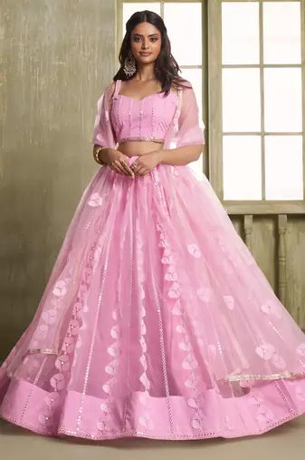 pink thread embroidered net lehenga set choli with dupatta with dupatta