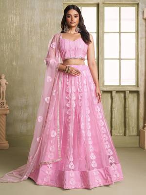 pink thread embroidered net lehenga set choli with dupatta with dupatta 3